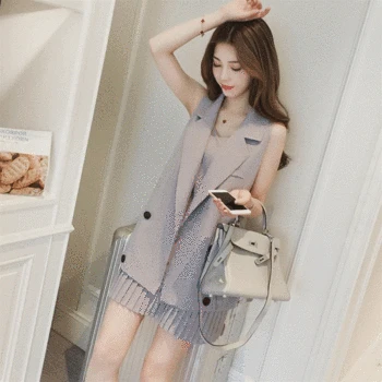 

Summer 2 Piece Sets OL Style Women Long Vest Jacket + Pleated Dress New Fashion Women's Suit Conjunto Feminino