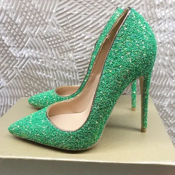 

2020 autumn new all-match green sequins 12cm shallow mouth pointed high heels stiletto women's singles sexy party shoes