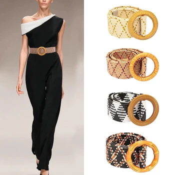 

Boho Braided Wide Ladies Belt for Dress Round Wooden Buckle Rope Belt for Women Fake Straw Female Waist Belts