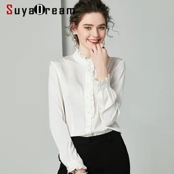 

SuyaDream Women Solid Blouses 95%Silk 5%Spandex 2020 Spring Long Sleeved Stand Collar Ruffles Office Blouse Shirt