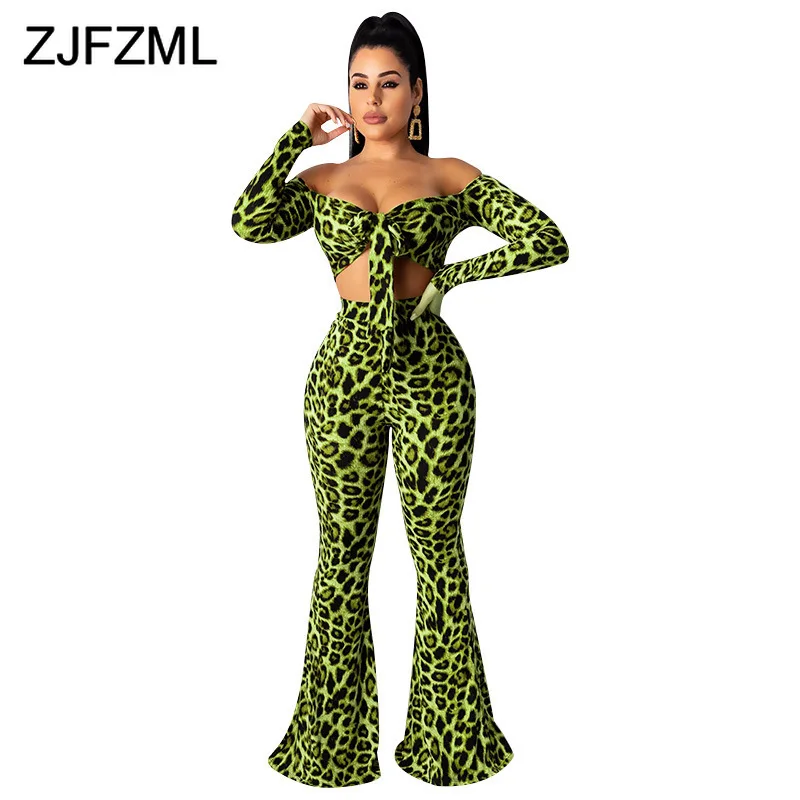 

Snake Print Sexy Two Piece Matching Sets Female Clothes Off Shoulder Tie Bow Crop Top + Flare Pants Leopard 2 Piece Tracksuit
