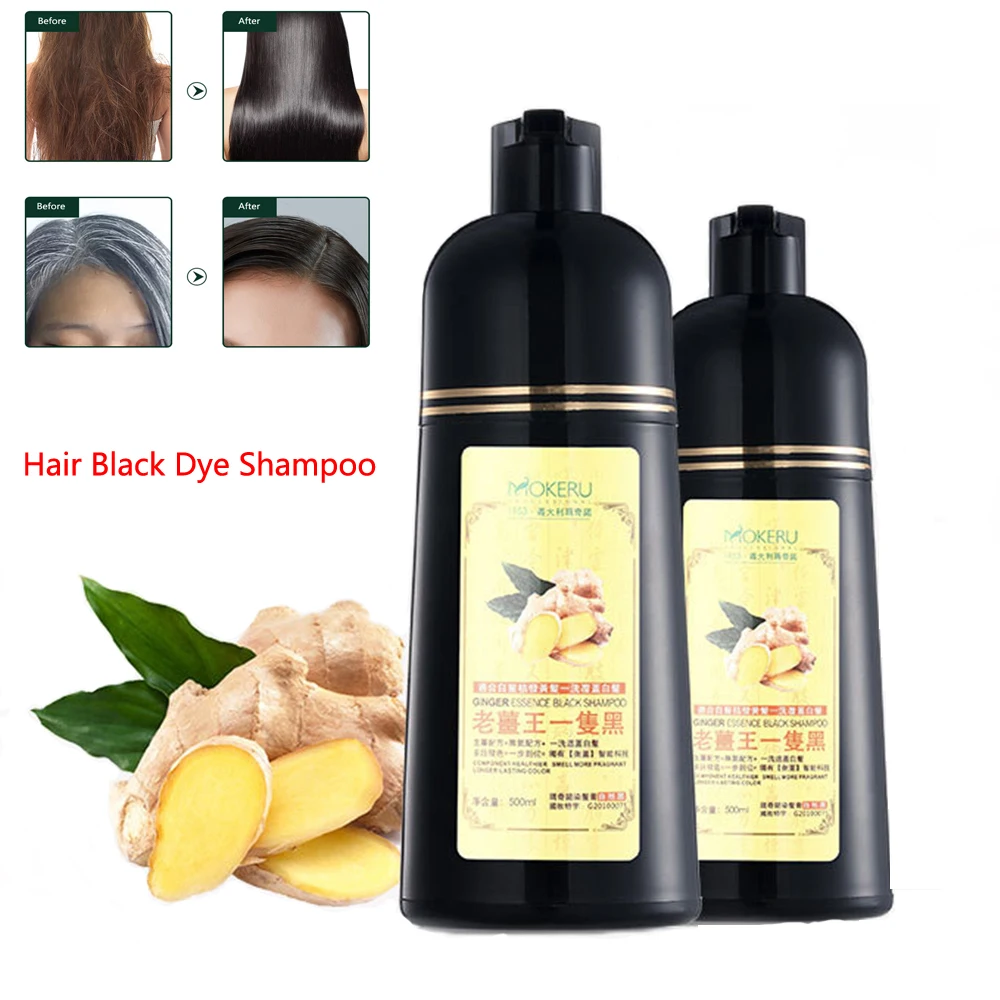 500ml 100% Fast Black Hair Shampoo Organic Natural Ginger Hair Dye Plant Essence Permanent Dye Black Cover Gray White Hair