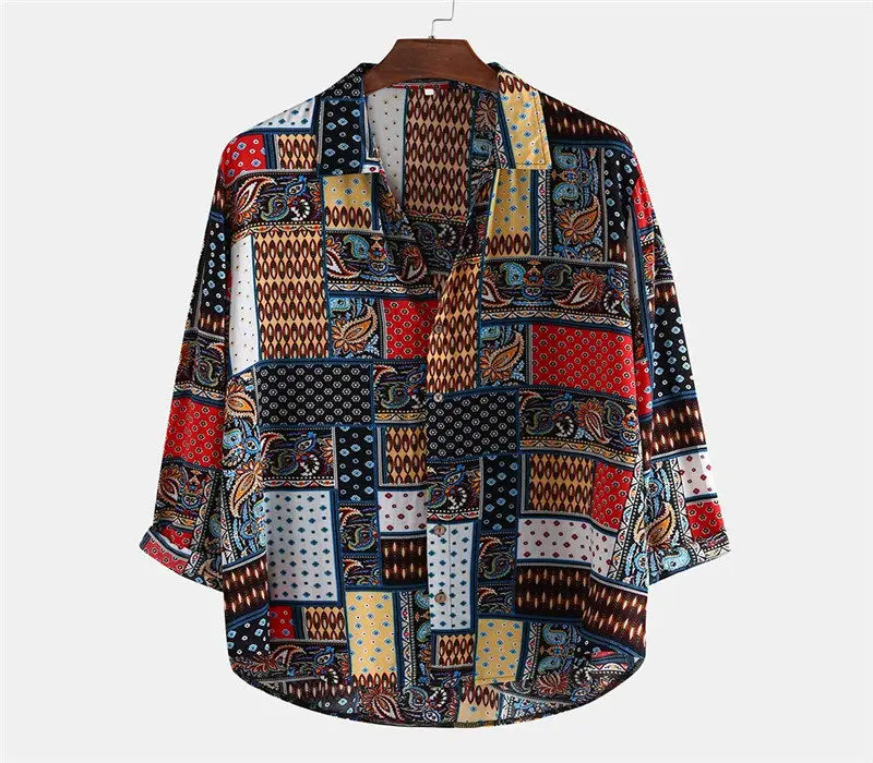 Красный Стильная мужская рубашка Hauts pour hommes из чистого хлопка с разноцветным принтом, свободная рубашка с отложным воротником и коротким рукавом, Ropa de hombre camisa - Цвет: Красный