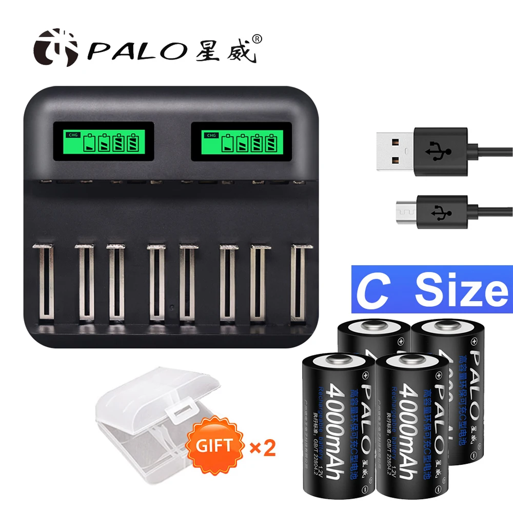 

PALO 4pcs C size rechargeable Battery type C ni-mh 1.2V 4000mAh LCD USB Smart fast battery Charger Multiple modes for AA AAA C D