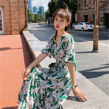 

New Elegant Beach Dress Women Fashion V Neck Flare Sleeve Ruffle Dress Casual Summer Holiday Bohemia Women Long Floral Dress