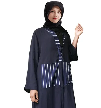 

Muslim Striped Stitching Cardigan Abaya Maxi Dress Long Robe Gowns Tunic Kimono Middle East Ramadan Dubai Arab Islamic Clothing