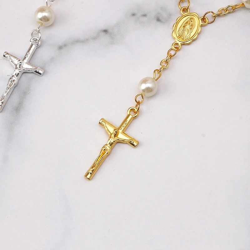 Mini chapelet de baptême, croix catholique, chaîne à doigt, Bracelet en fausses perles pour faveurs de baptême