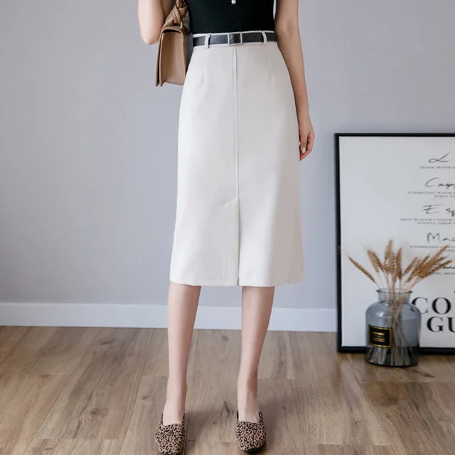 Женские повседневные юбки до колена с высокой талией, длинная прямая юбка с разрезом, Корейская Офисная Рабочая Юбка, Женская Осенняя Falda Mujer
