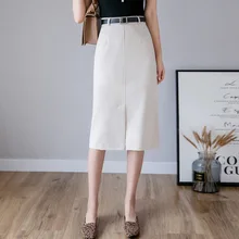 Женские повседневные юбки до колена с высокой талией, длинная прямая юбка с разрезом, Корейская Офисная Рабочая Юбка, Женская Осенняя Falda Mujer