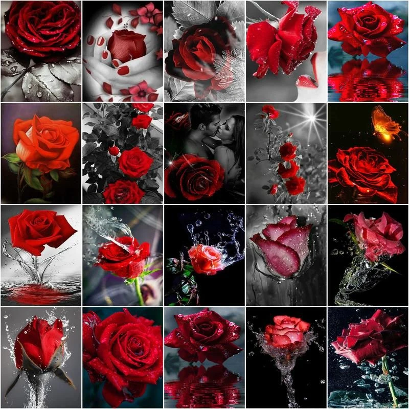 数字によるgatyztory写真赤いバラの花手描きの描画キャンバス着色キットDIY家の装飾油絵ギフト