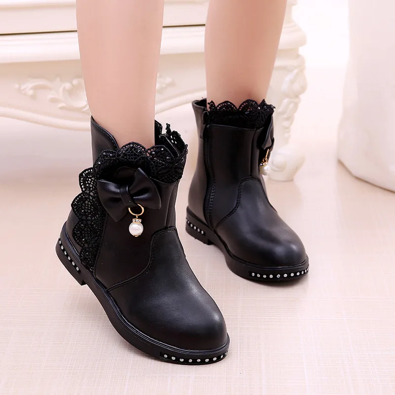 2020 Winter new PU Leather Kids Martin Boots Lace Trim Girl Snow Boot for Children EU size 27-37