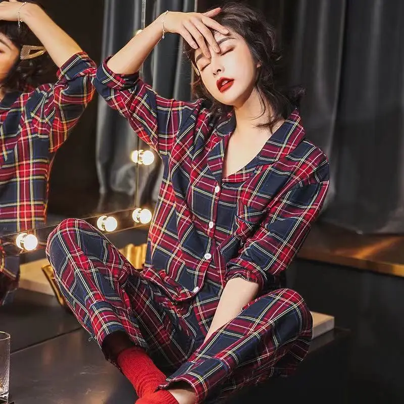 Женский пижамный комплект Осень-зима новая клетчатая женская пижама с отворотом