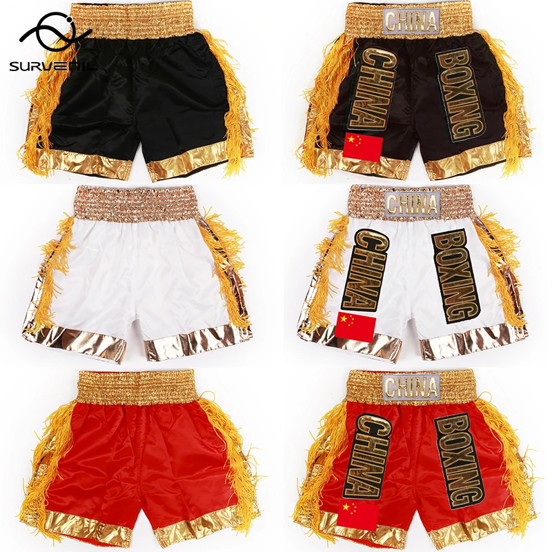 cortos de boxeo para mujeres, hombres y niños, Shorts de Muay Thai con borlas doradas, nombre/logotipo personalizado, Sanda Fitness, pantalones de entrenamiento de juego de competición MMA|Pantalones de boxeo| -