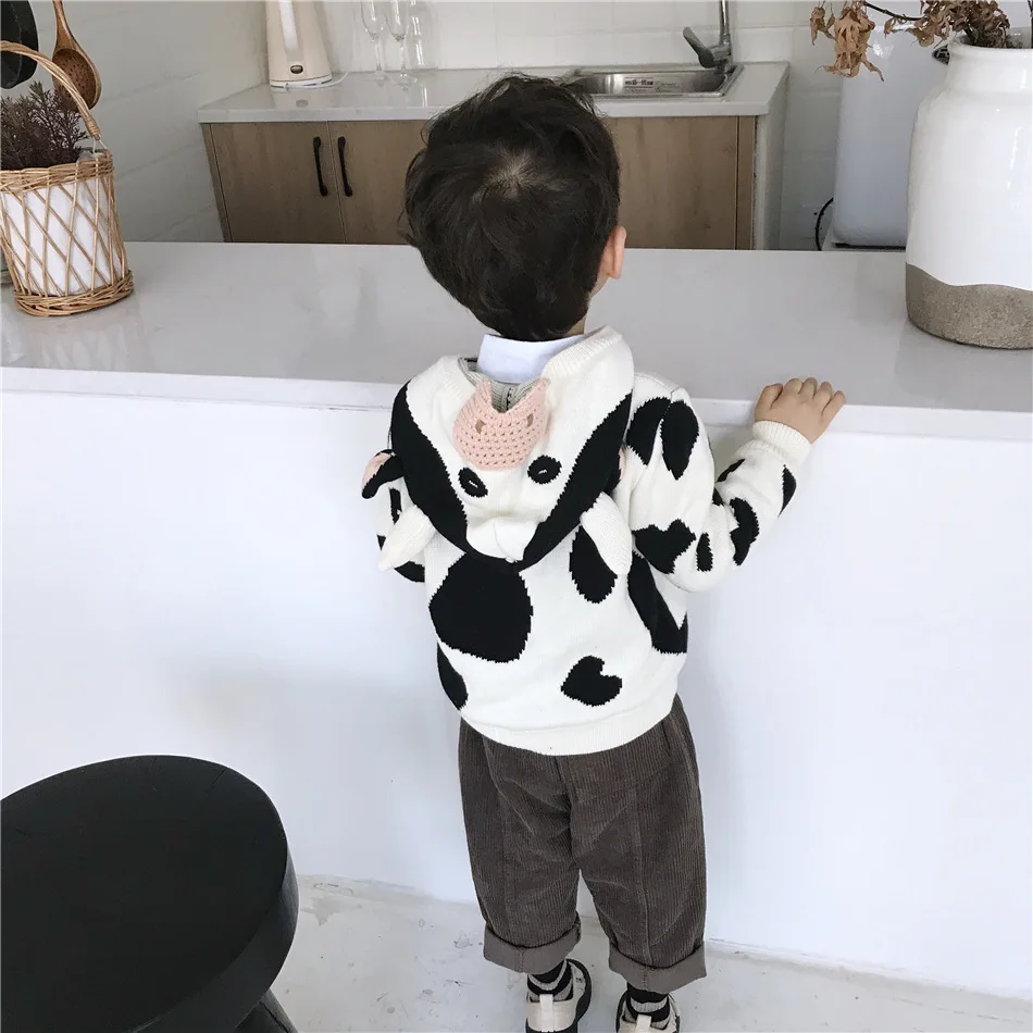 Tonytaobaby/Новинка зимы; милый свитер с капюшоном на молнии с трехмерной коровой для мальчиков и девочек; Детский свитер