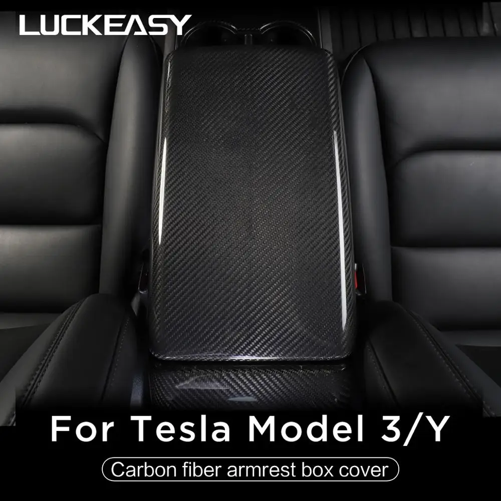 LUCKEASY interior modification accessories car central control true carbon fiber armrest box cover for Tesla Model3 and ModelY