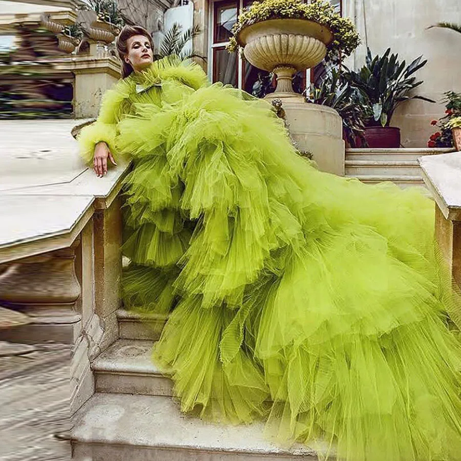

Gorgeous Very Puffy Tutu Green High Low Prom Gowns Ruffles Tiered Formal Party Dress Full Sleeves Fashion Women Dresses