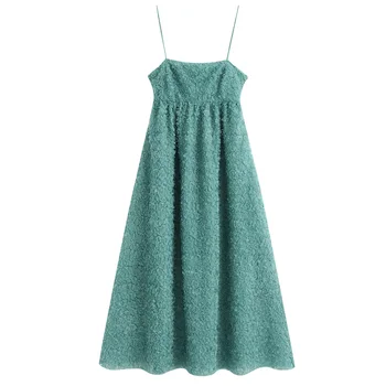 

2020 Spring Women's New Thin Sling Straight Collar Midi Belt Lined Dress Stitching Embroidered Embroidered Textured Dress