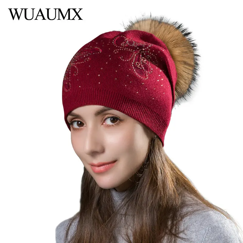 

Wuaumx Autumn Winter Women Hat Skullies Beanies Hats Wool Knitted Cap Real Raccoon Fox Fur Pompom Rhinestone Hat For Women
