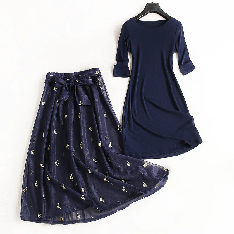 

Women fashion Solid 3/4 sleeve knit dress embroidery mesh skirt suit OL two piece set new 2019 spring autumn outfits blue