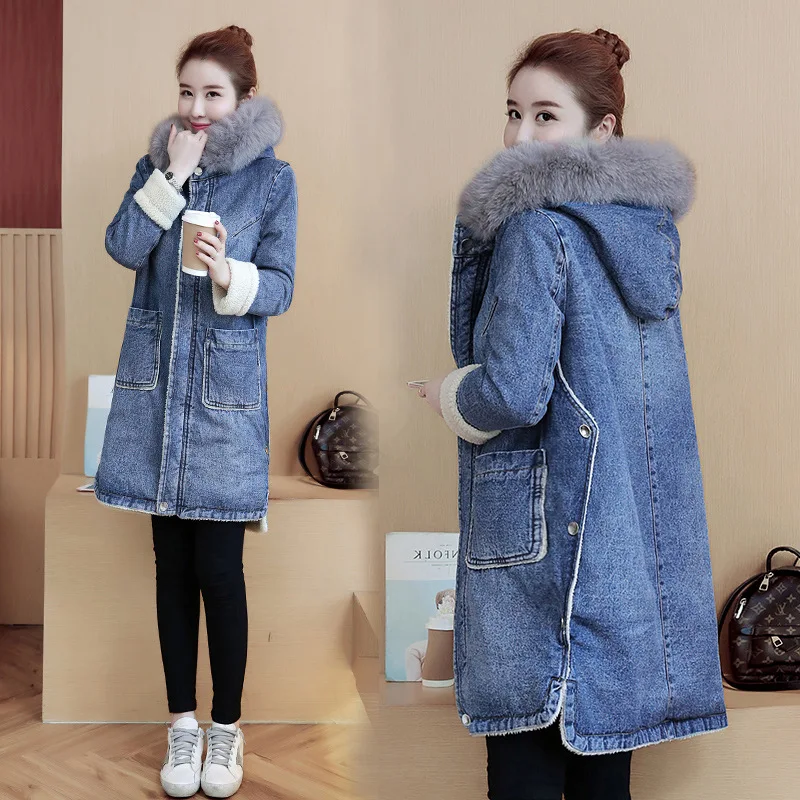 price cut Winter Warm women Long denim coat Ladies Casual Loose Fur collar thick cashmere Denim Jacket Hardy