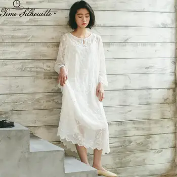 

2020 Summer Women Lace Crochet Floral Two-piece Embroidered White Long Dress Round Neck Loose Casual Solid Party Dress M290