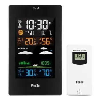 

FanJu FJ3389 EU Plug Table Desk Clock Weather Station Digital Thermometer Hygrometer Wireless Sensor LCD Calendar Display