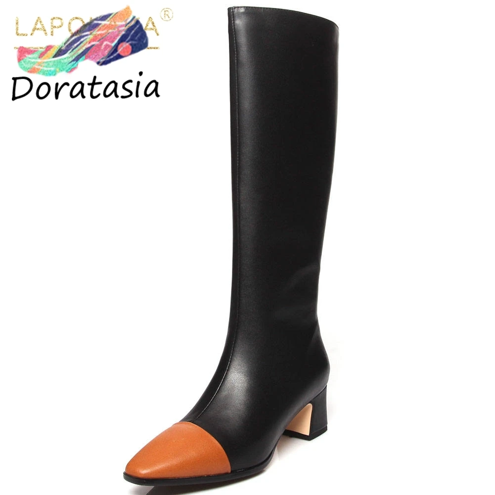 

Genuine Cow Leather 2020 Hot Sale Mix Color Shoes Woman Boots Chunky Heels Zip Up Mid Calf Boots Women Shoes