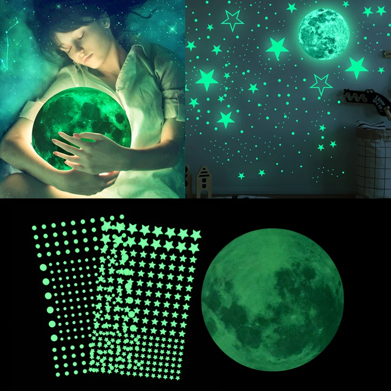 Pegatinas de pared de estrellas para niños, Luna luminosa 3D con estrellas y puntos de burbuja que brillan en la oscuridad, decoración para el techo de la habitación de los niños, pegatinas de pared fluorescente
