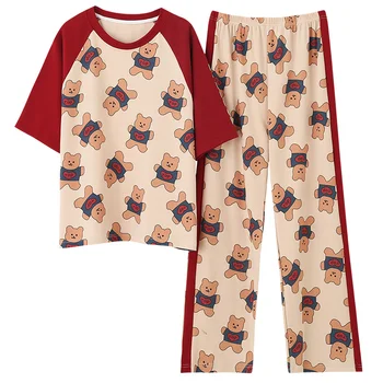 

Spring Plus Size Crew Neck Pjs Women Homesuit Homeclothes Fashion Style Pajamas Set Cartoon Printing Sleepwear Pajamas for Women