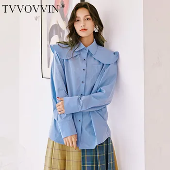 

Korea can ship casual fashion Blue Long Sleeve Shirt for women 2020 vintage Loose turn down collar with pleates Tops YH933