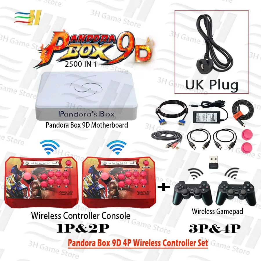 4P red wireless UK Pandora Box 9D 2500 В 1 4 игрока беспроводной контроллер Набор беспроводной аркадный контроллер и геймпад 3d mortal kombat plug and play - Цвет: 4P red wireless UK