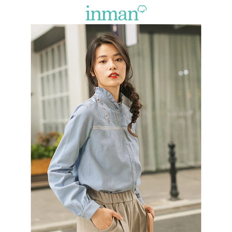 

INMAN 2019 Autumn Winter New Arrival 100%Cotton Lace Stand up Collar Embroidery Literary All Matched Women Blouse
