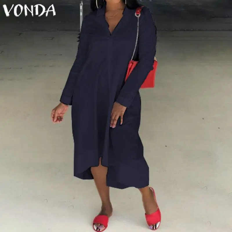 VONDA офисное женское сексуальное платье повседневное свободное Открытое платье с длинными рукавами женские осенние платья Туника вечерние платья плюс размер