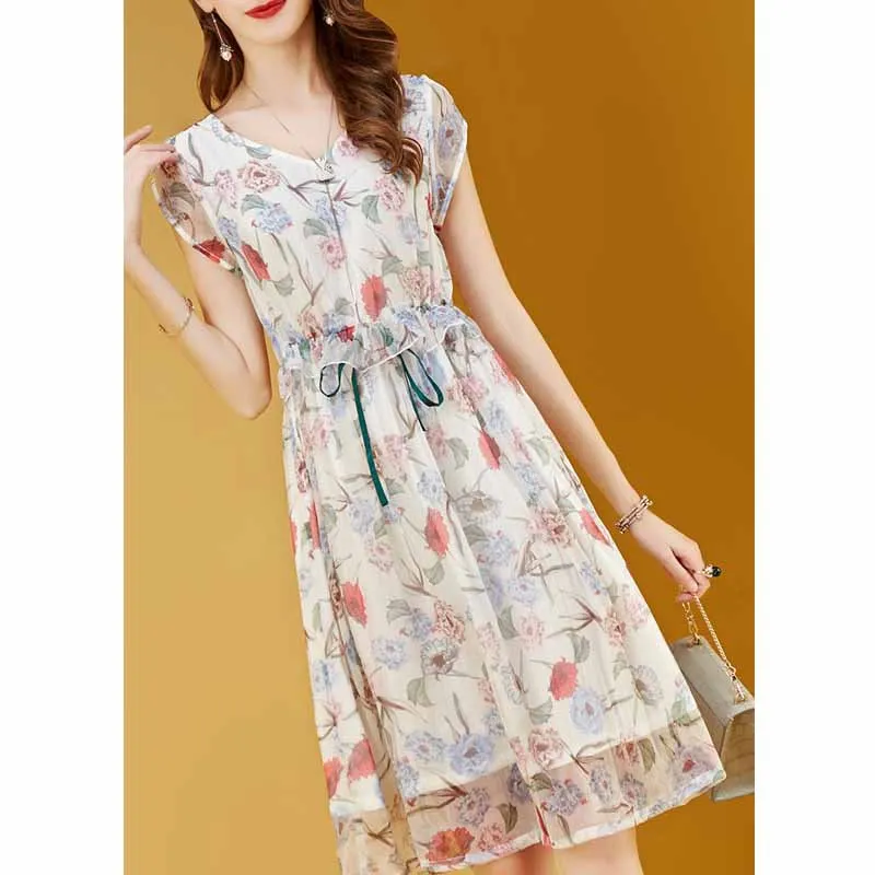 

WOMEN'S Dress Ladies' V-neck Floral-Print Chiffon Dress France Non-mainstream Platycodon Grandiflorum Medium-length Dress 2019 S