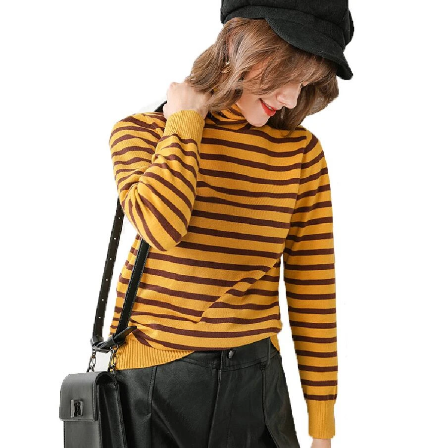 

Fashion Striped Sweater Women Pullover Jumper Long Sleeve Autumn Winter Clothes Korean Rainbow Turtleneck Knit Women Sweaters