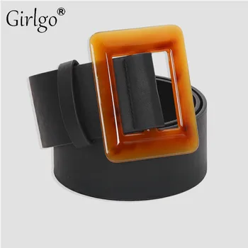 

Girlgo Luxury Leather Belt For Women Acrylic High Quality New Fashion Black Wide Modern Belt Jewelry Wedding Party Gifts Friend
