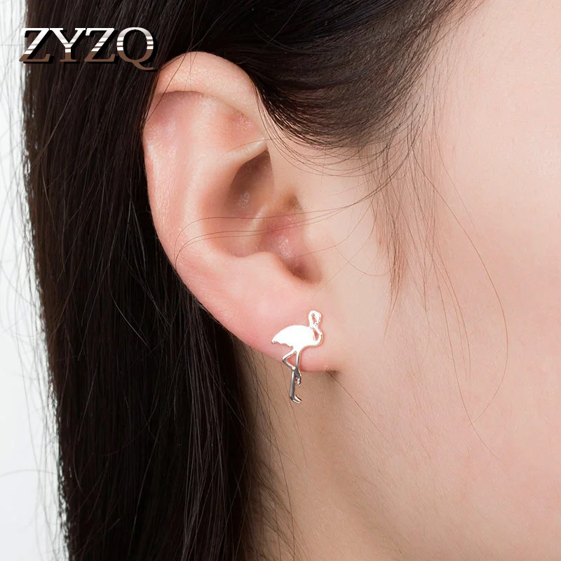 

ZYZQ Animal Stud Earrings Silver&Gold Color Available Flamingos Shaped Love Bird Stud Earrings For Girlfriend New Year Gift