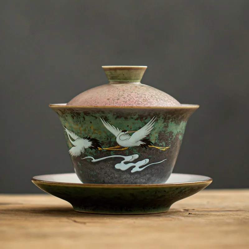 Anti-scald Ceramic Retro Tea Cover Bowl Lid Sancai Gaiwan Single Tea Bowl Hand Painted Shining Crane Cover Bowl
