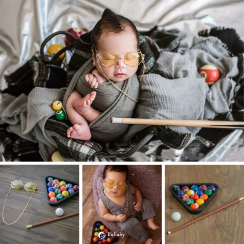 Newborn Photography Props Full-moon Baby Mini Billiards And Cue Stick Infantil Shoot Accessories Mini Glasses Fashion Photo Prop