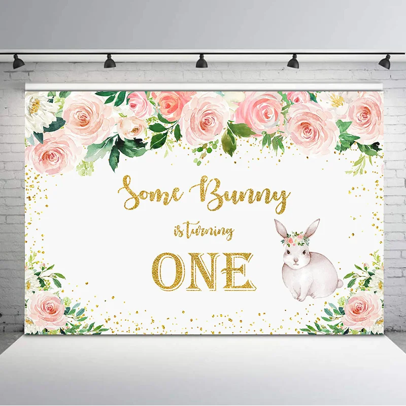 

Happy 1st Birthday Backdrop Some Bunny is Turning One Photography Background Golden Dot Watercolor Flower Party Banner Backdrops