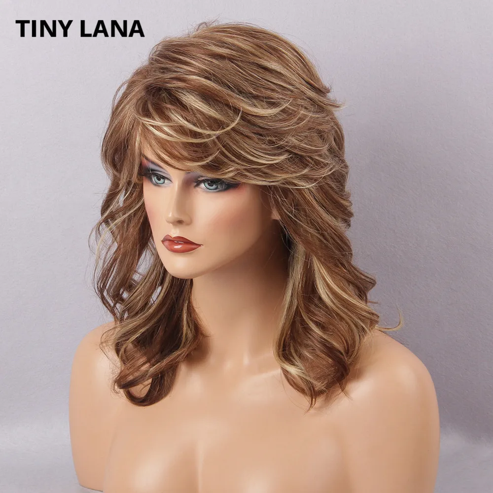 Крошечные LANA Blend натуральные синтетические волосы парики сексуальные средние волнистые коричневые с челкой для белых женщин Искусственные парики для женщин