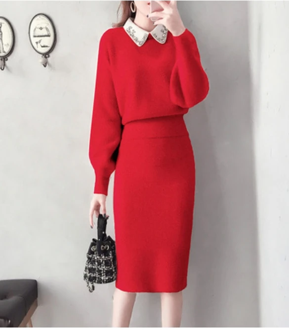 Goddess Sweater Two Piece Set Top And Skirt Knitted Suit 2 Piece Set Women Skirt Ensemble Femme Survetement Conjunto Feminino
