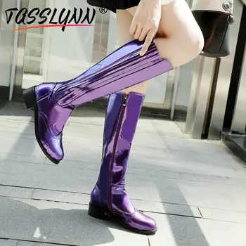 

TASSLYNN 2019 Med Heels Winter Patent PU Knee High Boots for Women Square Heels Women Shoes Zipper Short Plush Boots Size 34-43