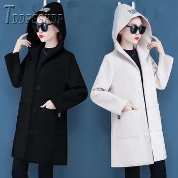 

2019 Plus Size Hooded Women Woolen Coat Long Style Korean Female Overcoat