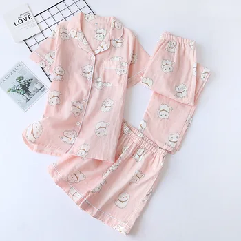 

3 Pcs Lovely Women Pajama Set Summer Short Sleeve Sleepwear Pajama Suit Female Comfort Nightwear Casual Homewear Pajama Mujer