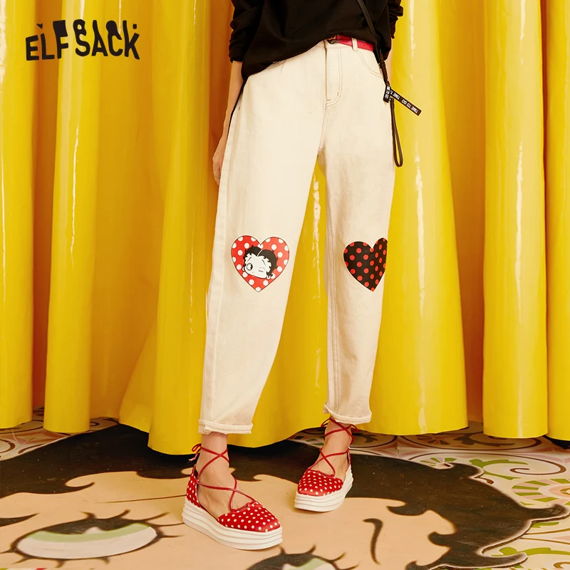 ELFSACK женские штаны-шаровары с мультяшным принтом, Новинка осени, хлопковые прямые брюки, уличная одежда, повседневные женские штаны со средней талией