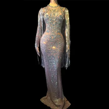 

Crystals Long Tassel Party Bodycon Dress Women Long Sleeves Prom Wedding Floor Length Rhinestones Dress Singer Stage Dress