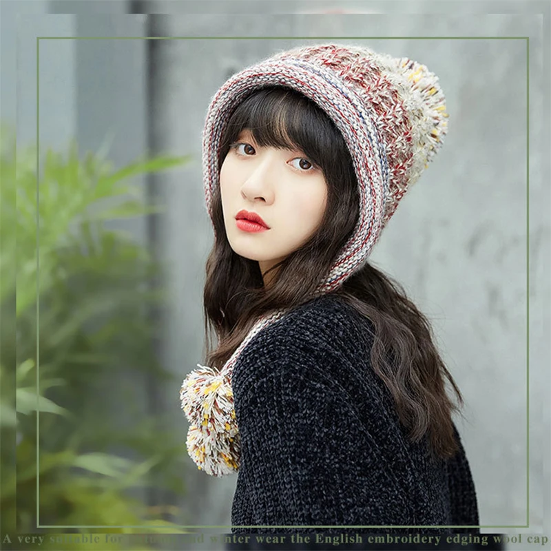 Женская осенняя и зимняя шерстяная шапка Модная вязаная с помпоном цветная