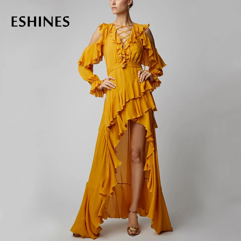 

ESHINES High End Designer Long Dress Summer Yellow Cascading Ruffle Lace up Cross V-Neck Off The Shoulder Butterfly Sleeve Dress