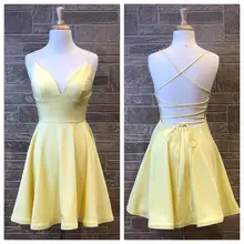 Robe de soirée jaune clair pour femmes, robe courte, col en ligne, avec lacets au dos, sur mesure 
